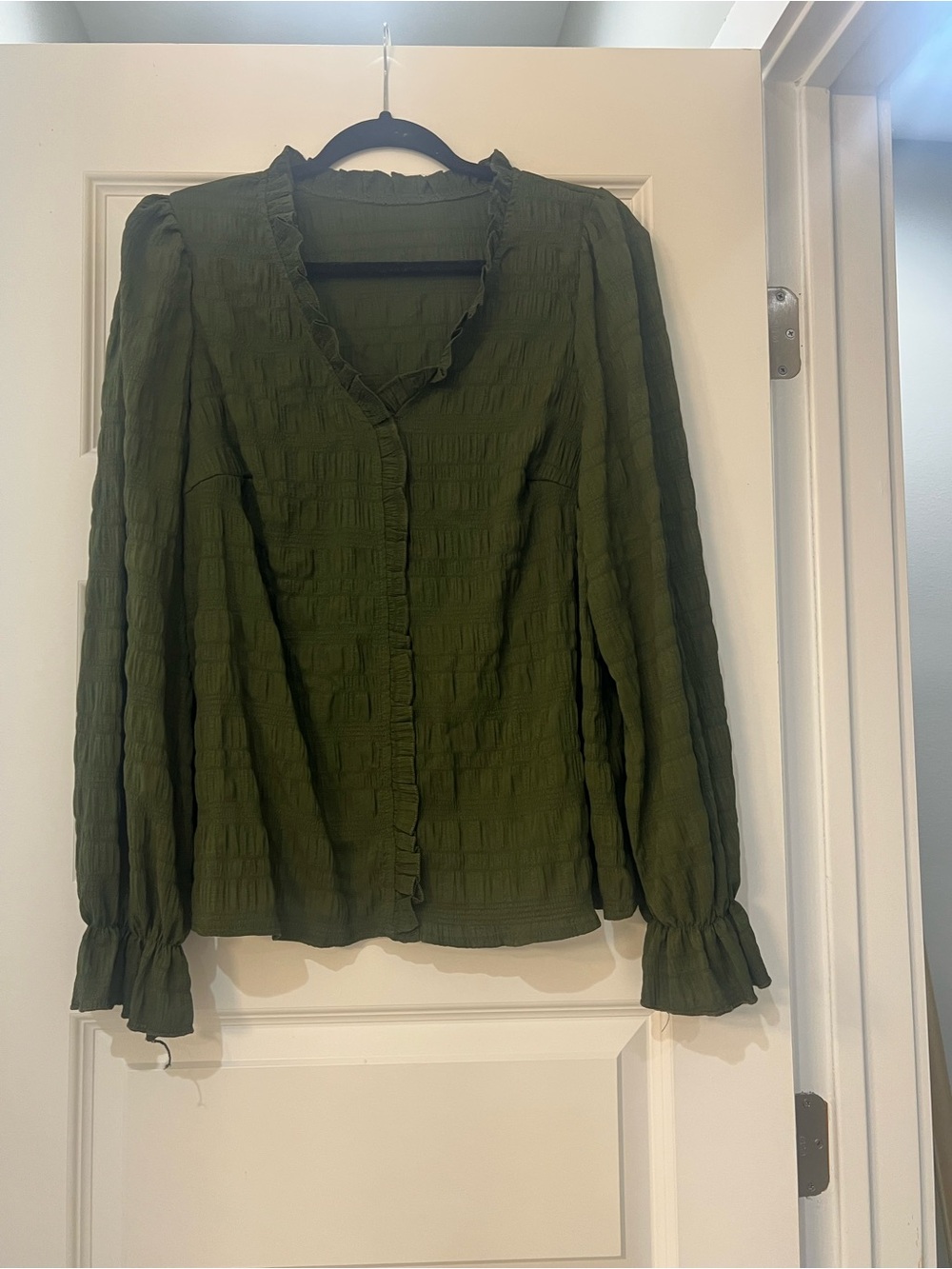 SHEIN Curve Women’s 1XL Olive Green Textured Ruffle Trim Long Sleeve Blouse